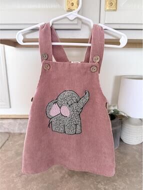 Pink Corduroy Baby Dress with Elephant Embroidery 9-12M